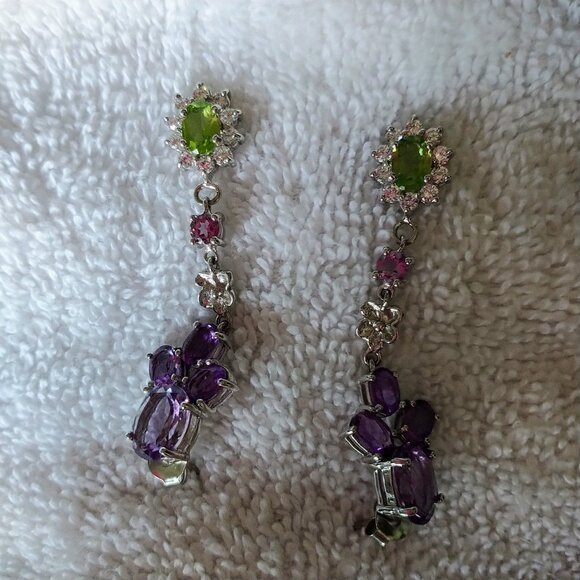 New Precious Gemstones Peridot Pink Topaz Amethyst 925 Sterling Silver 2" Drop - Picture 3 of 3